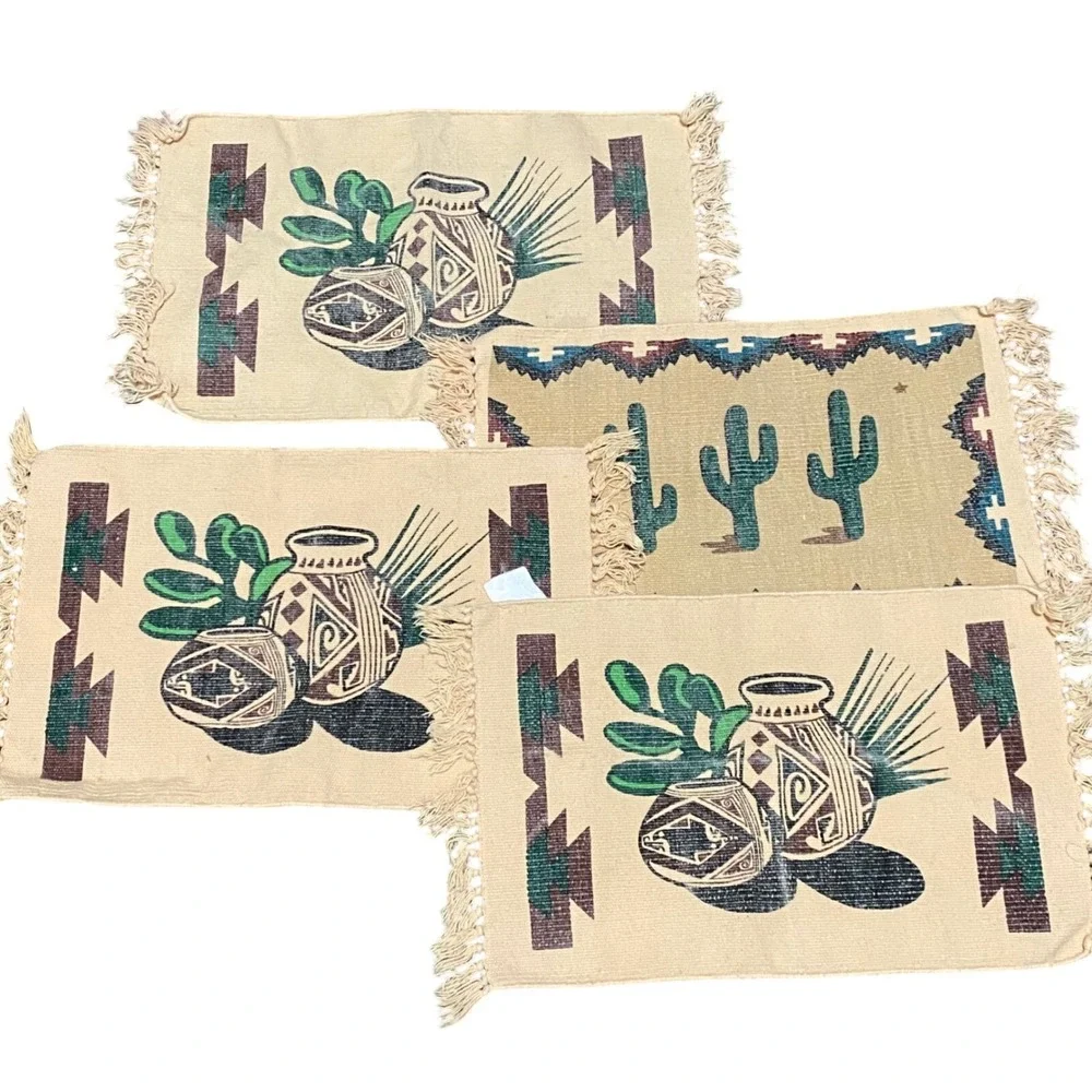 Set of 4 Vintage Southwestern Placemats Native American Decor Table Mats tassels